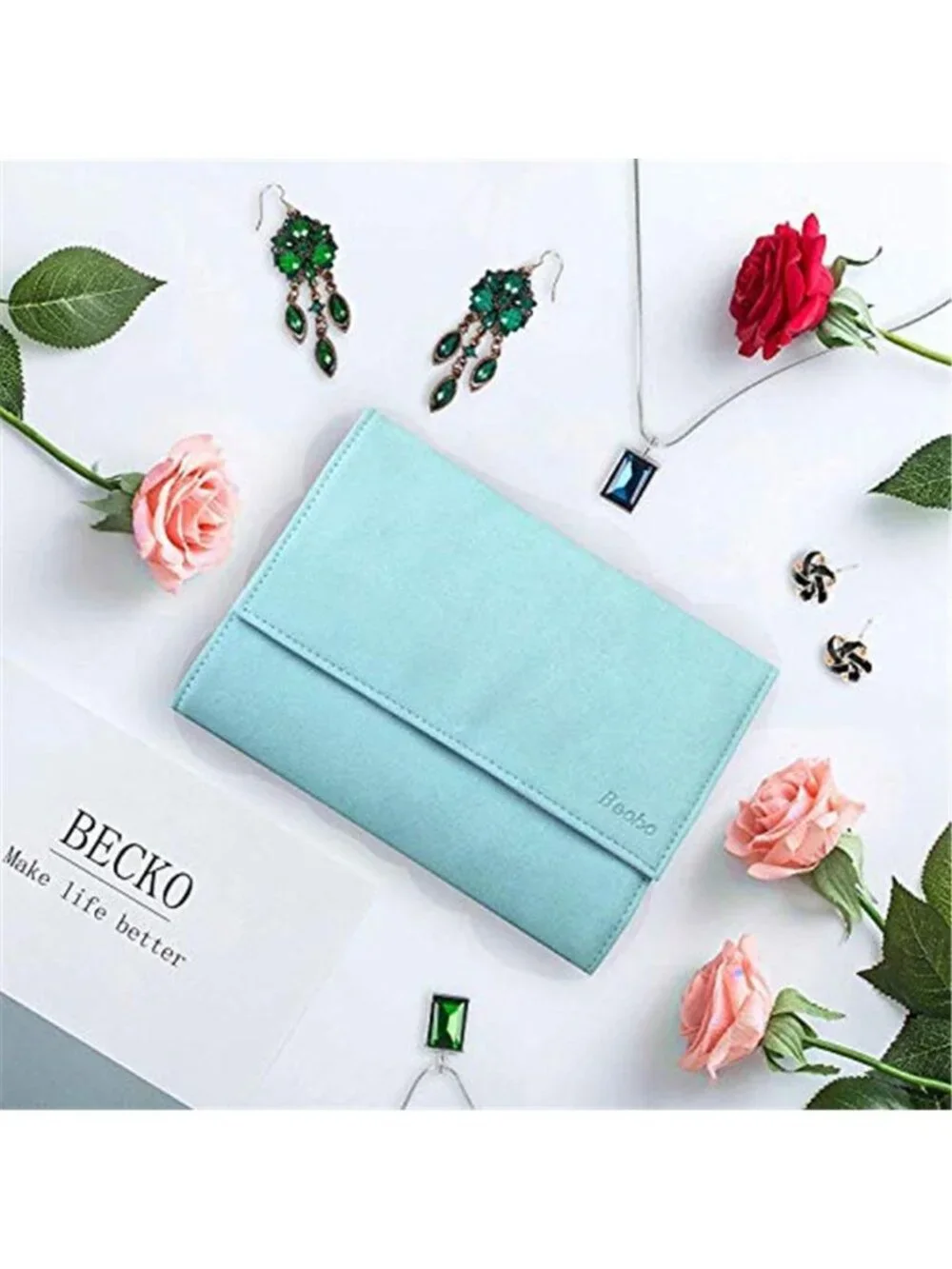Travel Jewelry Organizer Roll Blue Necklace Earring Ring Storage Case Portable